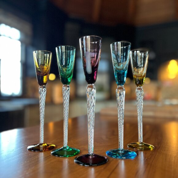 Stuart Lot 5 Long Stem Cordial Flute IONA AIR TRAP SPIRAL TWIST Colorful Crystal - Picture 3 of 16